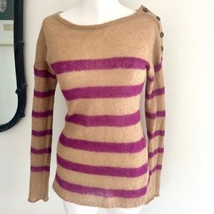 Ann Taylor LOFT Tan w/ Magenta Stripes Mohair Blend Crew Neck Sweater